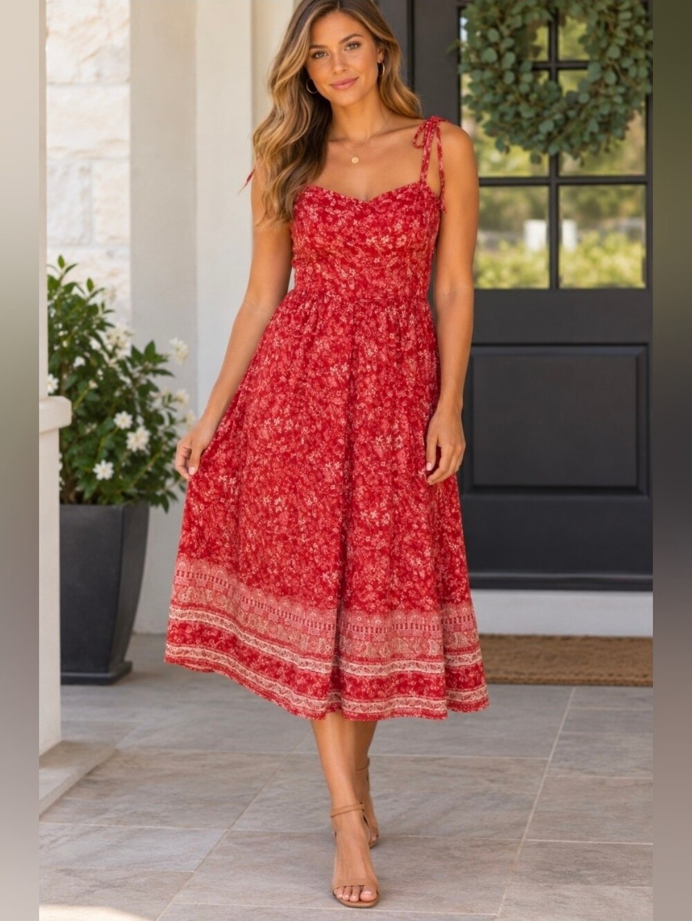 Knox Rose Red Floral Tie-Shoulder Maxi Dress